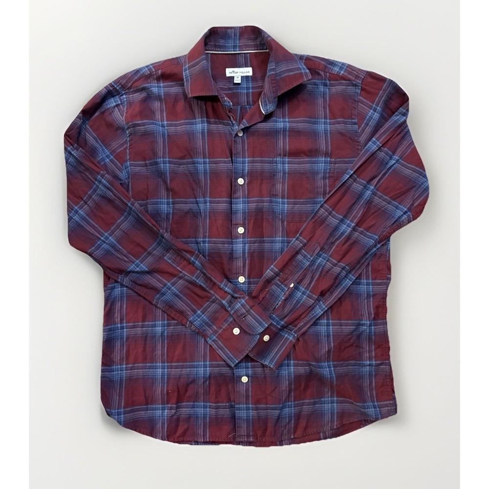 Peter Millar Med Maroon Plaid Shirt Men's Long Sleeve Cotton Button Down